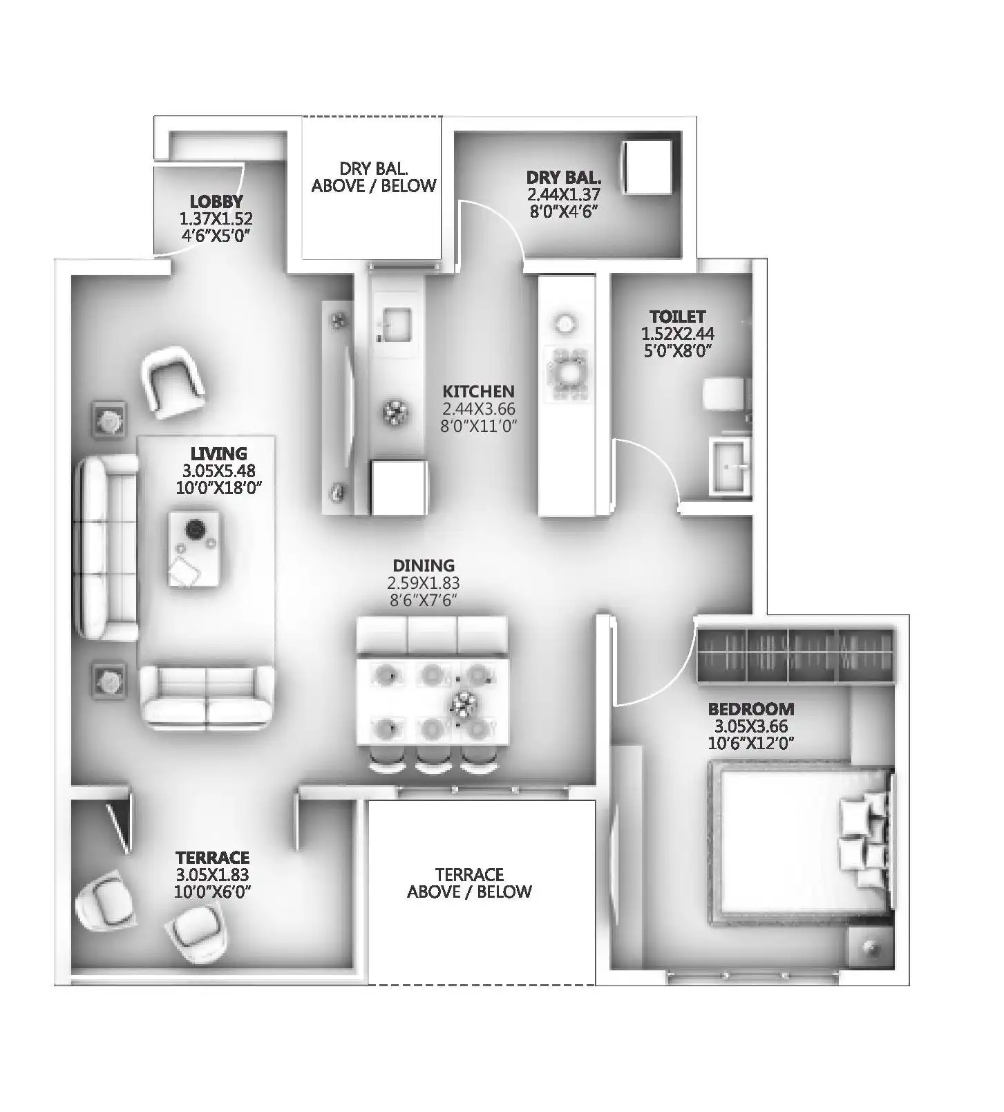 Ganga Arcadia Unit plan - 656 sq.ft.