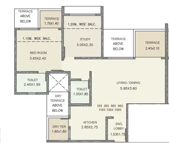 Kolte Patil Three Jewels Moon Stone Unit plan - 852 sq.ft.