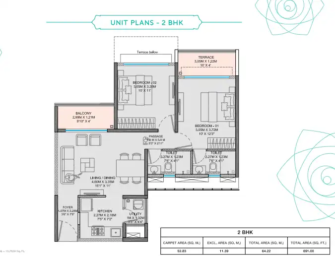 Godrej Boulevard Unit plan - 691 sq.ft.