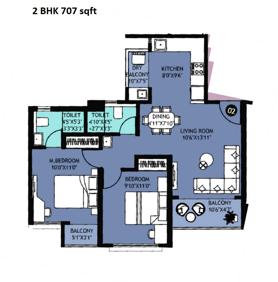 Rama Krystal One Unit plan - 707 sq.ft.