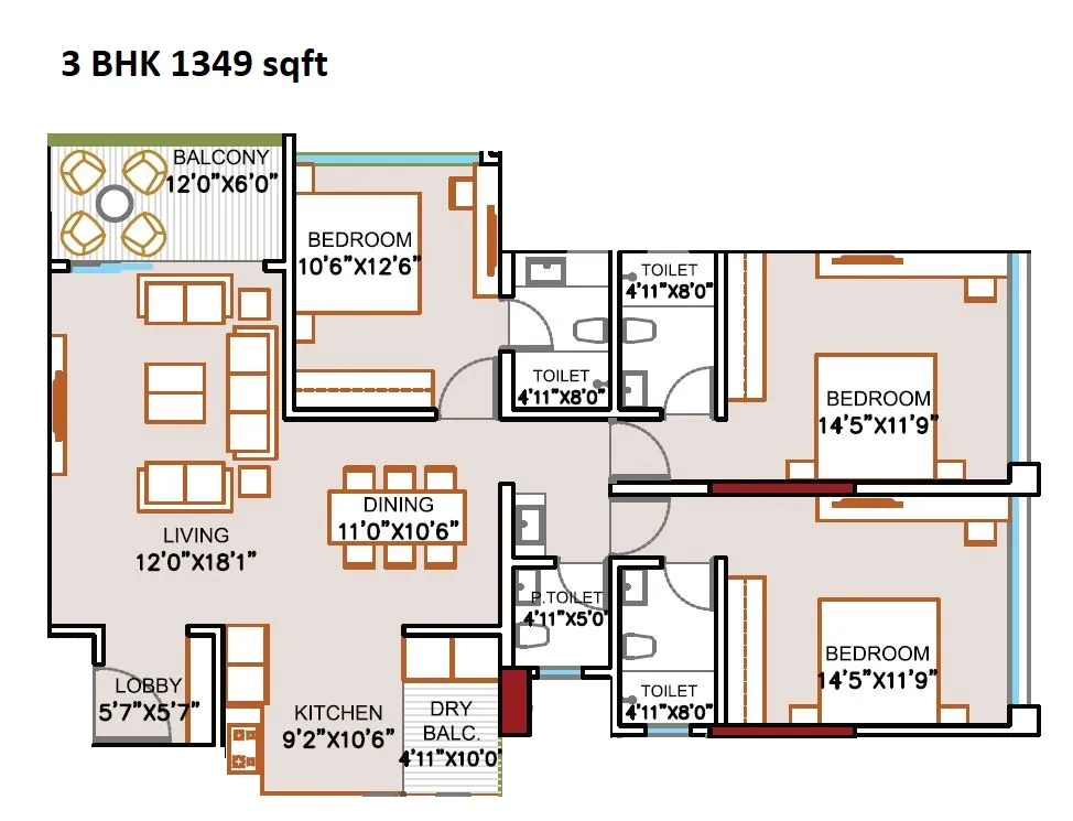 Jhamtani Nandan Ace Unit plan - 1349 sq.ft.