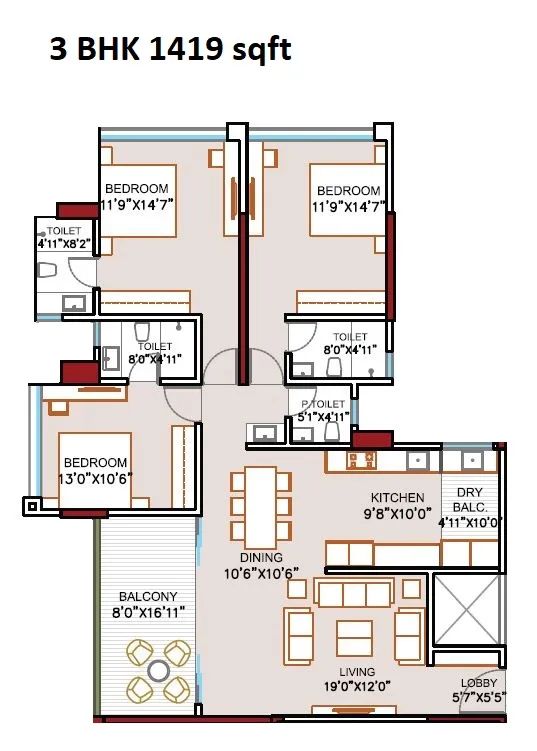 Jhamtani Nandan Ace Unit plan - 1419 sq.ft.