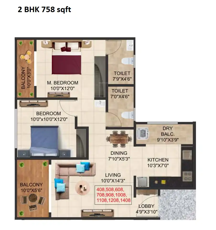 Prime Serenity Unit plan - 758 sq.ft.