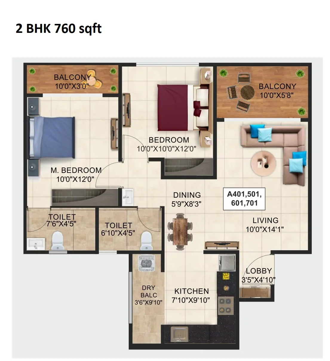 Prime Serenity Unit plan - 760 sq.ft.