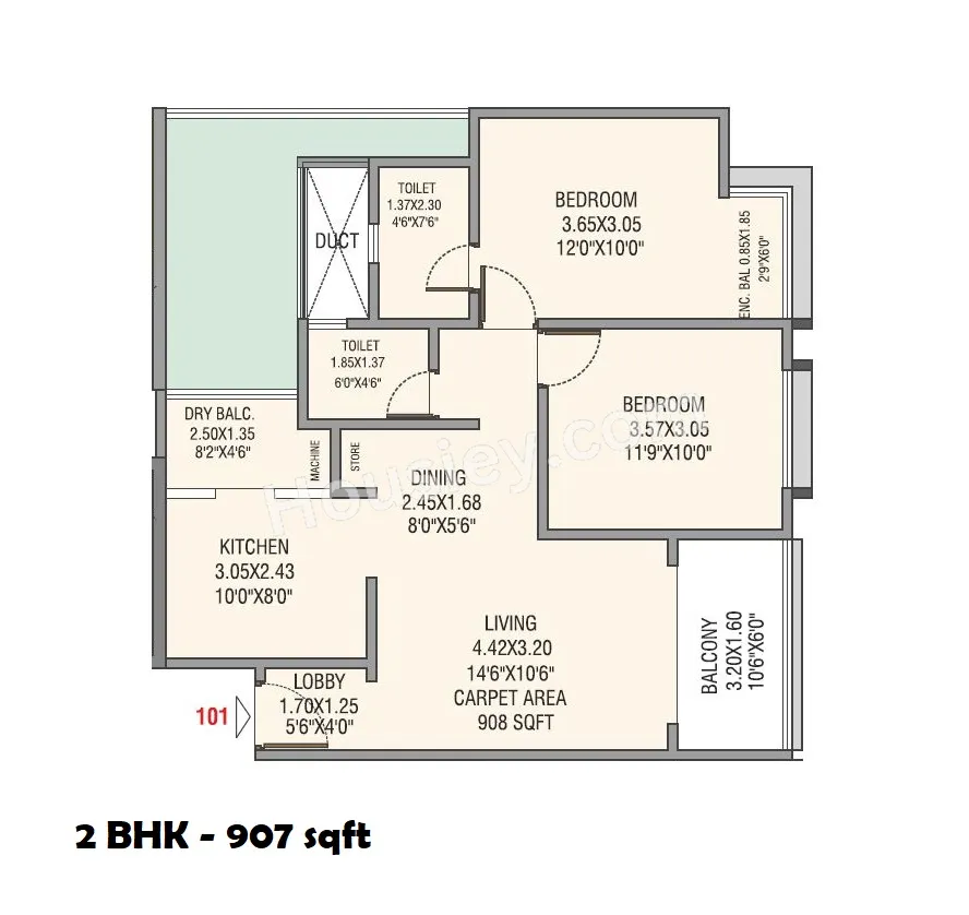 Kshitej 24Life Blooms Unit plan - 907 sq.ft.