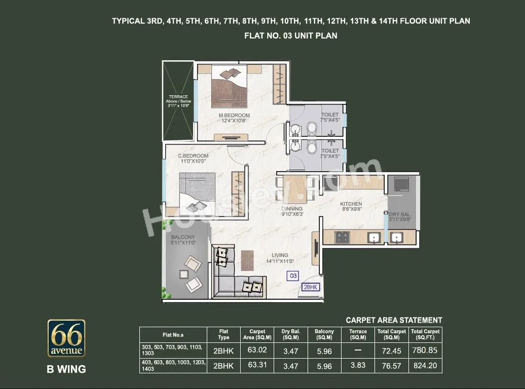 66 Avenue Unit plan - 780 sq.ft.