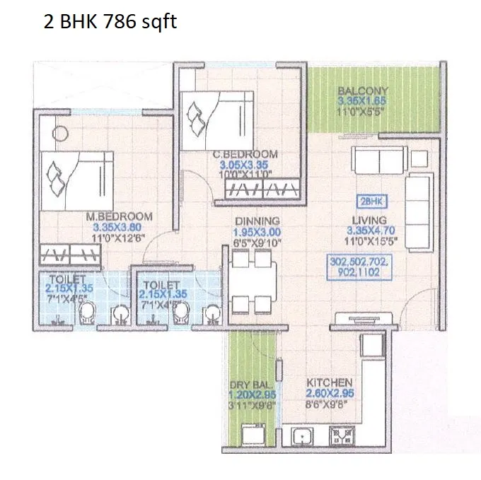 66 Avenue Unit plan - 786 sq.ft.