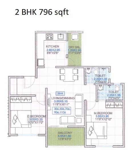 66 Avenue Unit plan - 796 sq.ft.