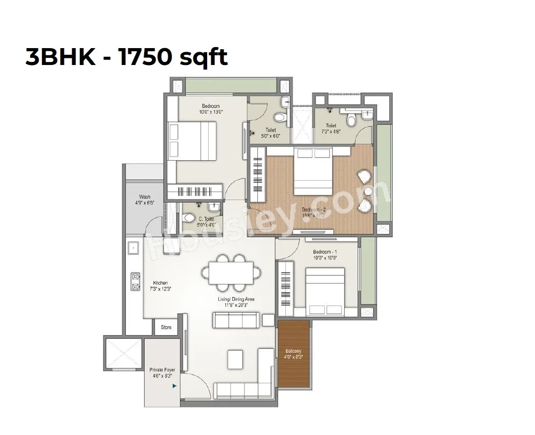 Aashray Aurum Unit plan - 962 sq.ft.