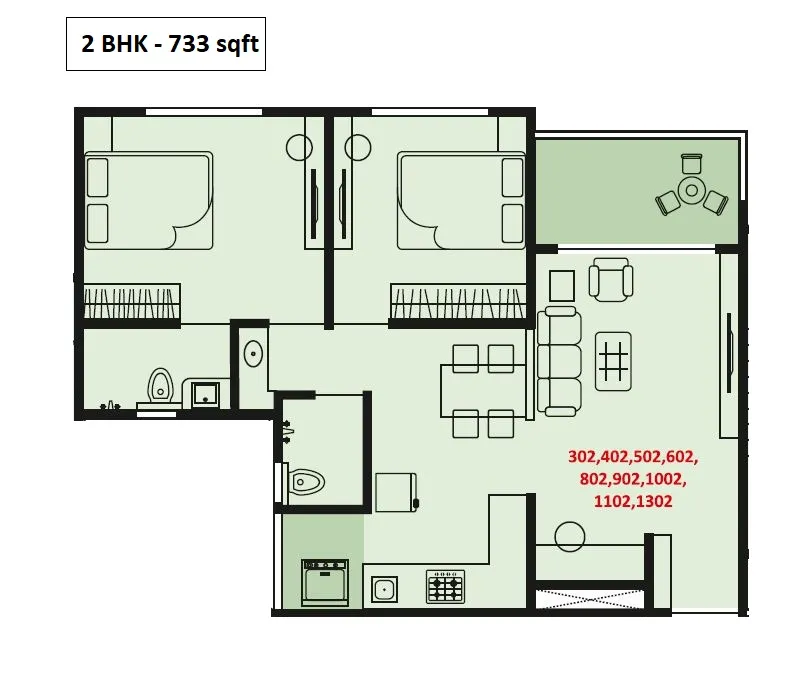 Jhamtani Ace Abode Unit plan - 733 sq.ft.