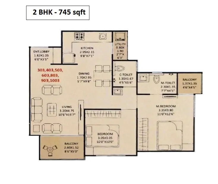 Jhamtani Ace Abode Unit plan - 745 sq.ft.
