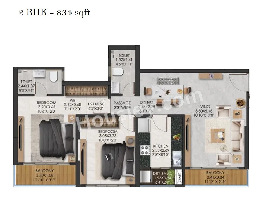 Adani The View Unit plan - 834 sq.ft.