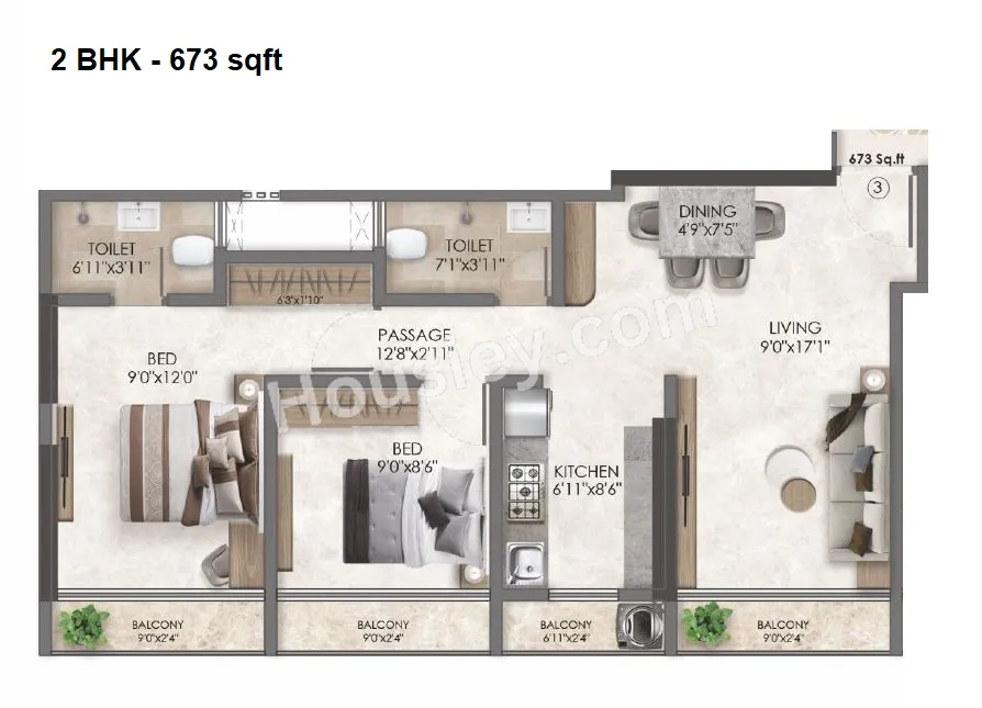 Adityaraj Landmark Unit plan - 673 sq.ft.