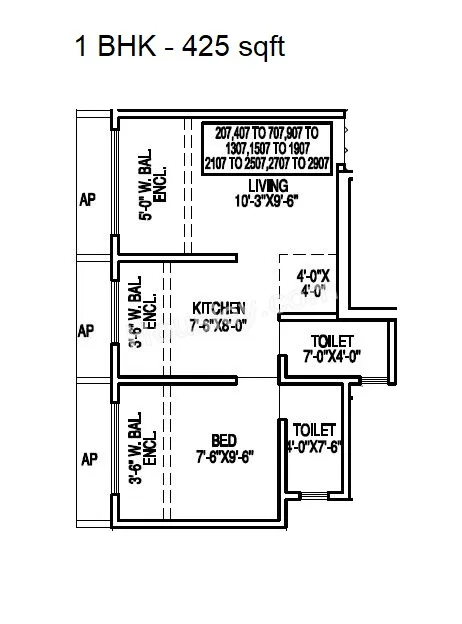 Agarwal Sky Heights Unit plan - 425 sq.ft.