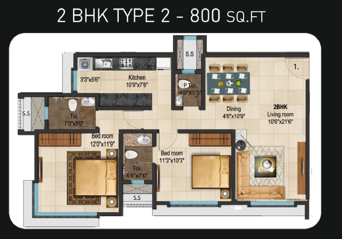 Ajmera Manor Unit plan - 800 sq.ft.