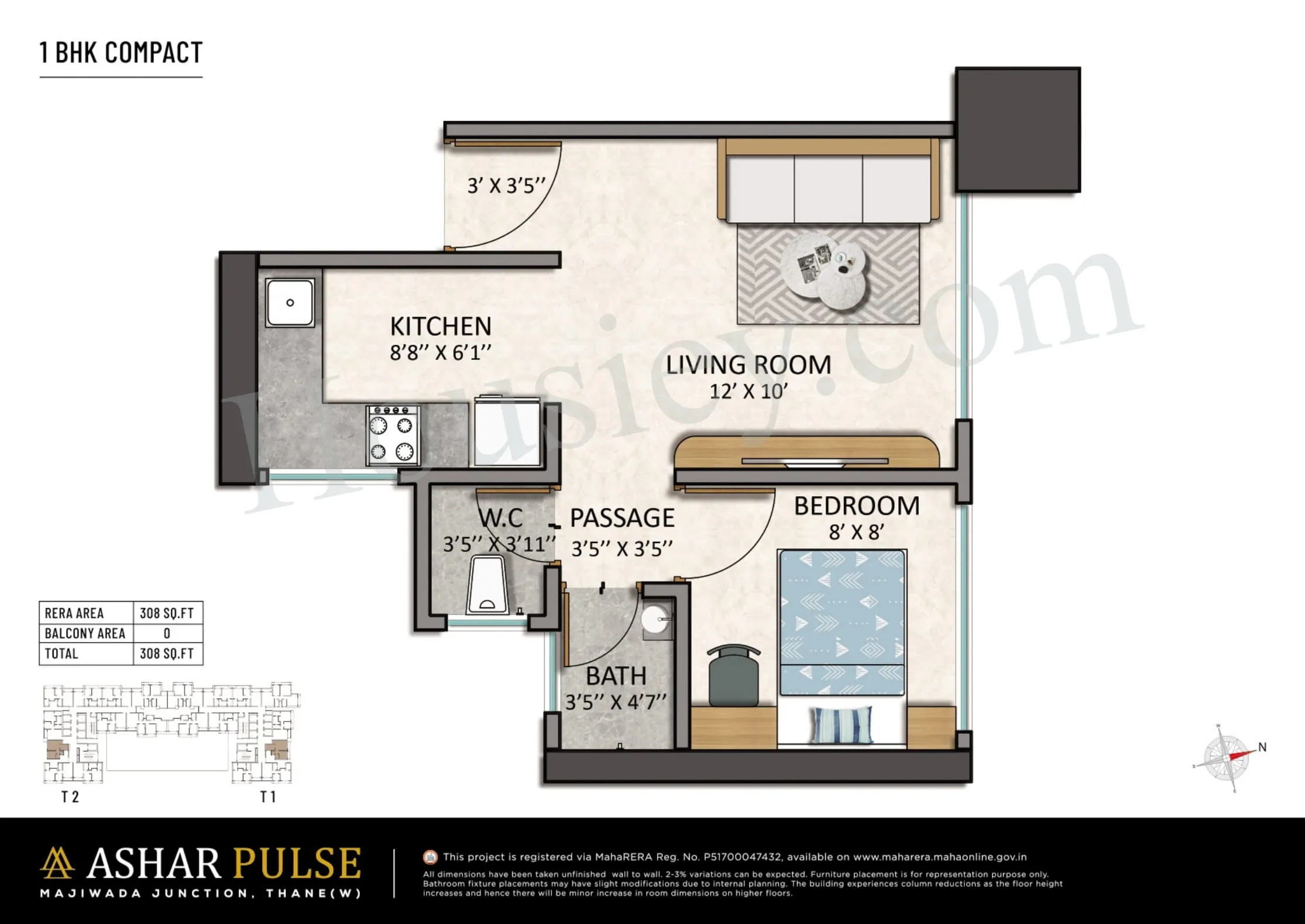 Ashar Pulse Unit plan - 308 sq.ft.