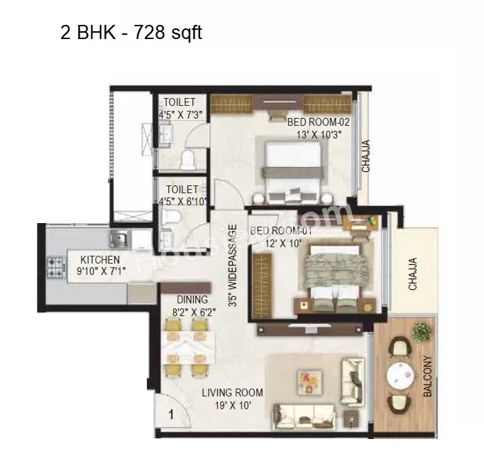 Ashray Jaswanti Jewel Unit plan - 728 sq.ft.