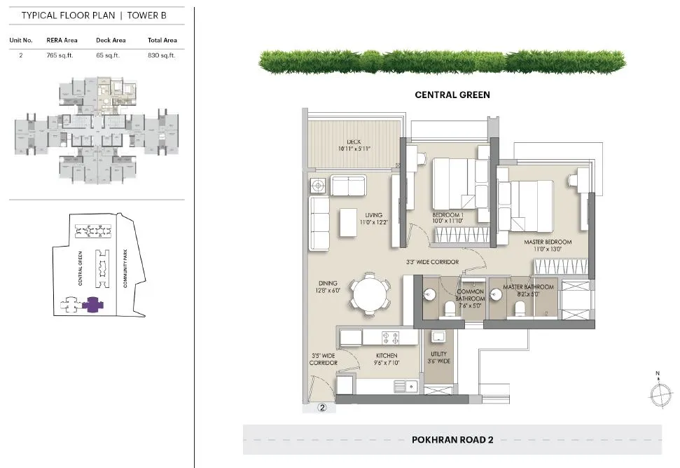 Asteria by Court yard Unit plan - 830 sq.ft.