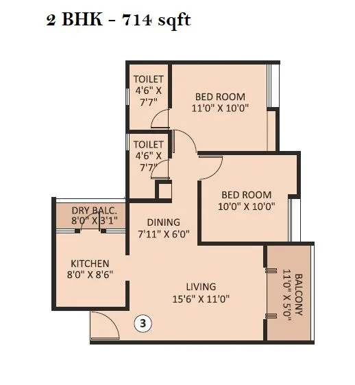 Basil Maximus Unit plan - 714 sq.ft.