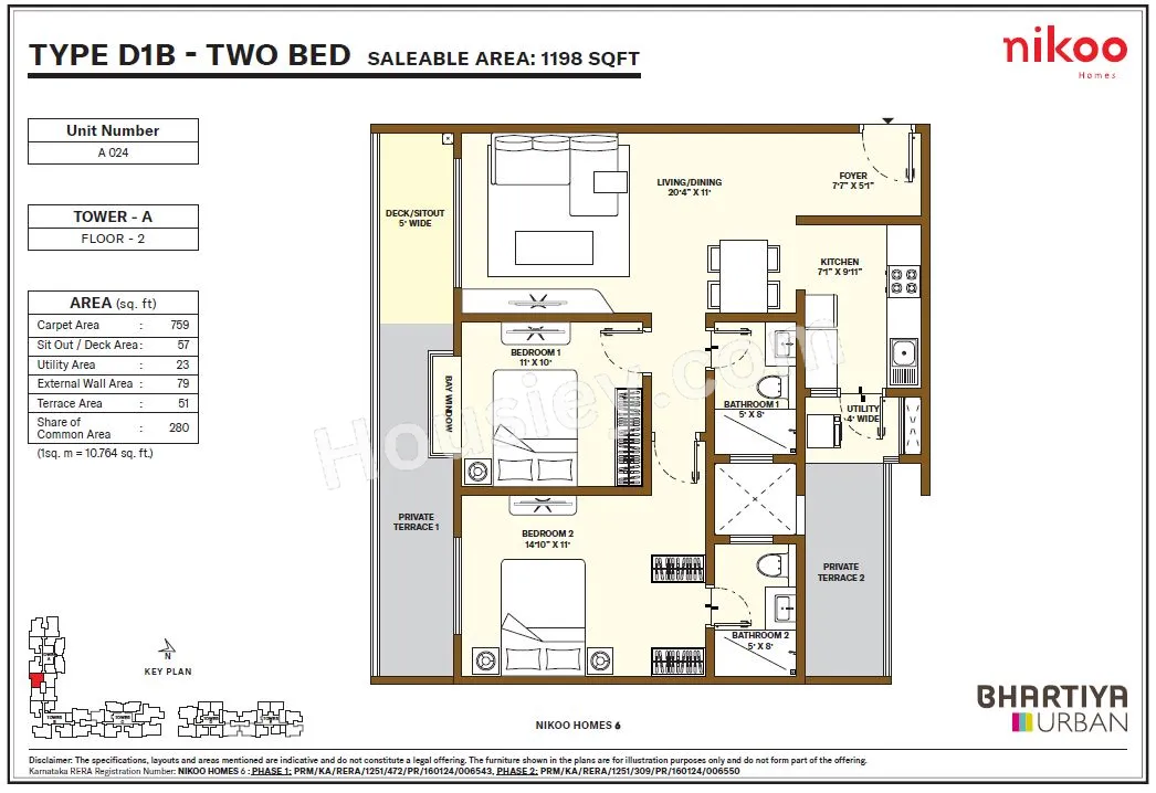 Bhartiya City Nikoo Homes 6 Unit plan - 759 sq.ft.