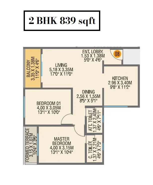 Choice QUE 914 Unit plan - 839 sq.ft.