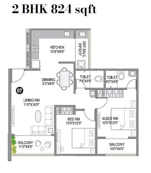 Cityone SkyVe Unit plan - 824 sq.ft.