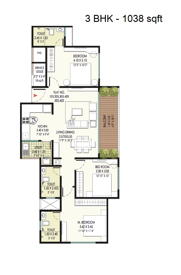 Unit plan - 1038 sq.ft.