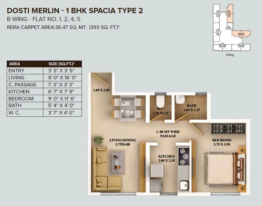 Dosti Nest Unit plan - 393 sq.ft.