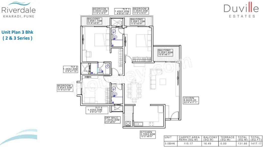 Duville Riverdale Grand Unit plan - 1417 sq.ft.