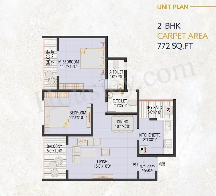Eastern River Residency Phase 3 Unit plan - 774 sq.ft.