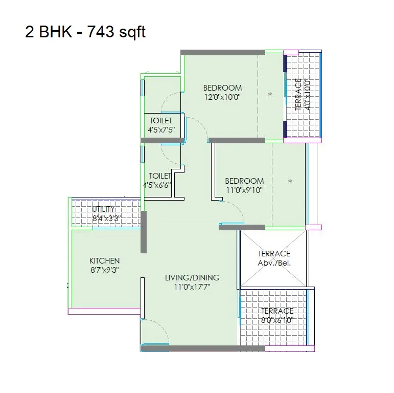 Rohan Silver Gracia Unit plan - 743 sq.ft.