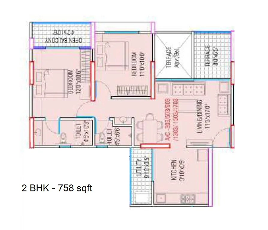 Rohan Silver Gracia Unit plan - 758 sq.ft.