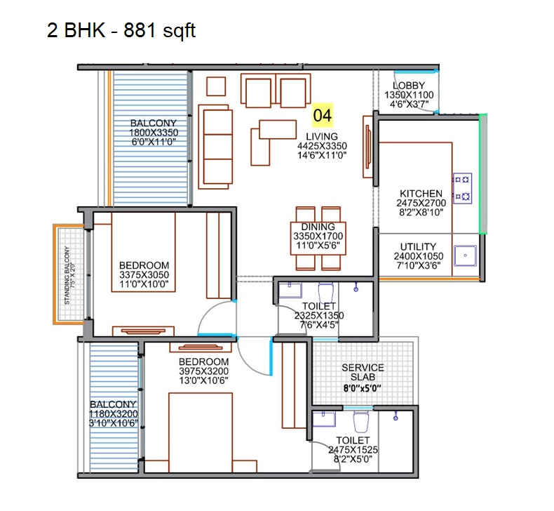 Karandikar Elina Liva Unit plan - 881 sq.ft.