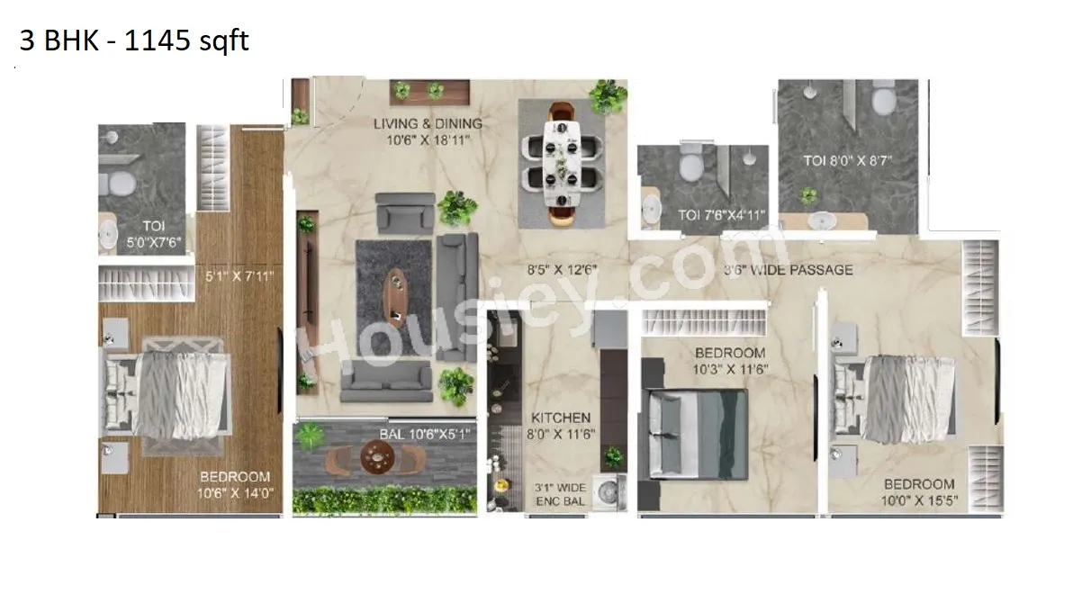 Ellanza Zenistry 2 0 Unit plan - 1145 sq.ft.