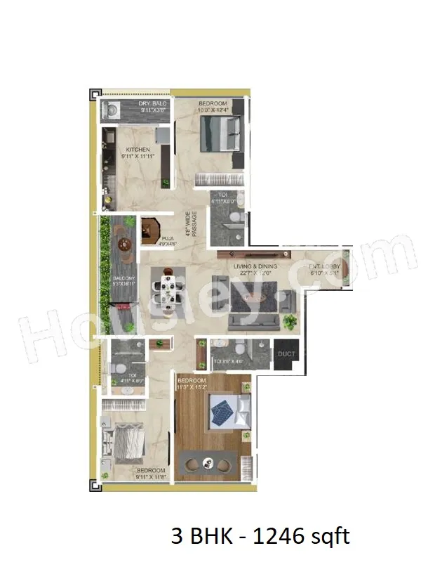 Ellanza Zenistry 2 0 Unit plan - 1246 sq.ft.