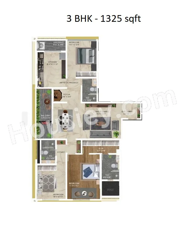 Ellanza Zenistry 2 0 Unit plan - 1325 sq.ft.