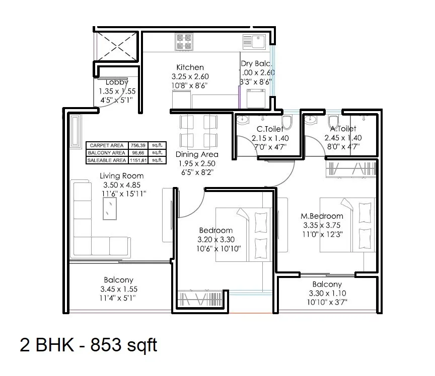 GD Square 18 Magnitude Unit plan - 853 sq.ft.