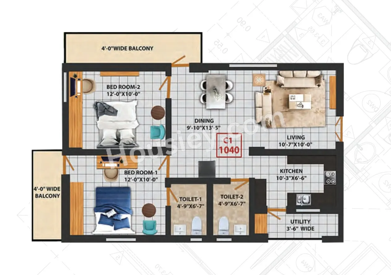 GMC Aero Square Unit plan - 769 sq.ft.