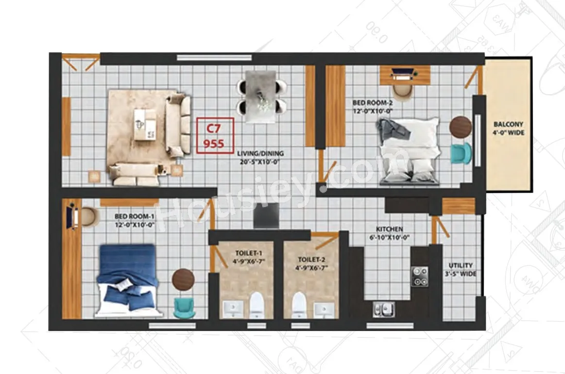 GMC Aero Square Unit plan - 706 sq.ft.