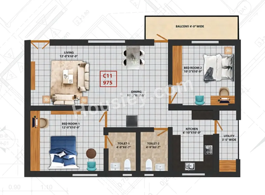 GMC Aero Square Unit plan - 721 sq.ft.