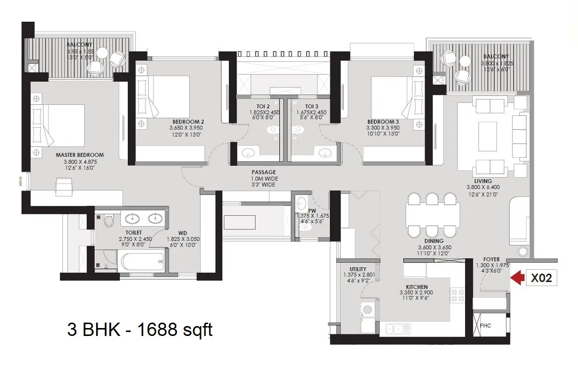 Godrej River Royale Unit plan - 1688 sq.ft.