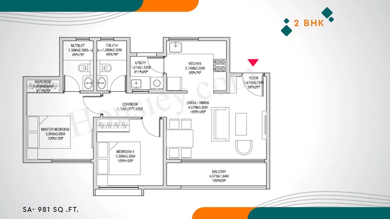 Godrej Splendour Unit plan - 981 sq.ft.