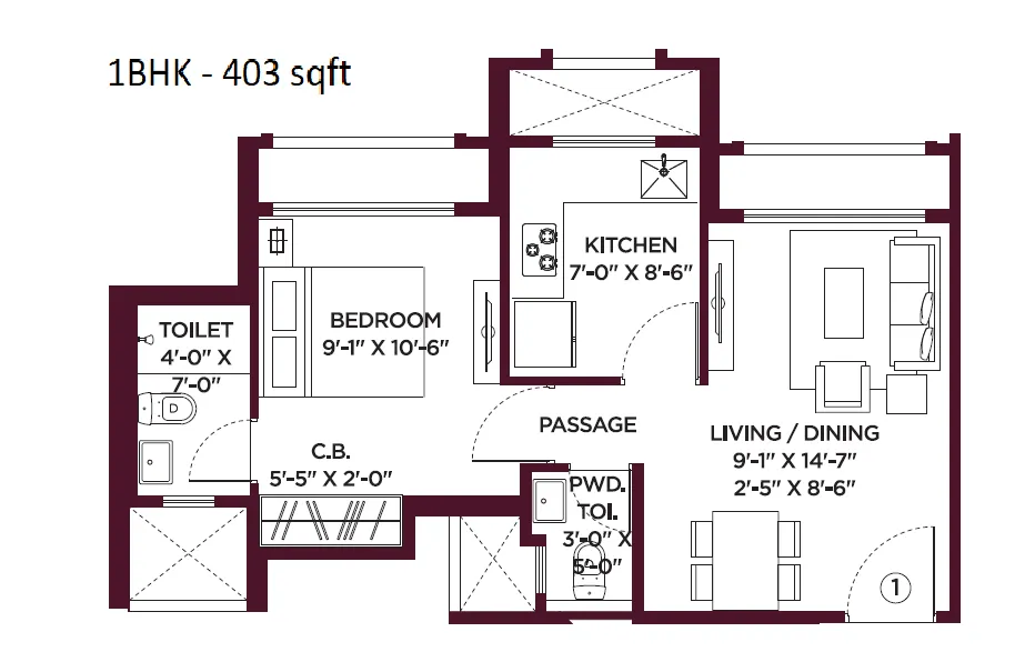 Hiranandani Estate Solitaire Unit plan - 403 sq.ft.