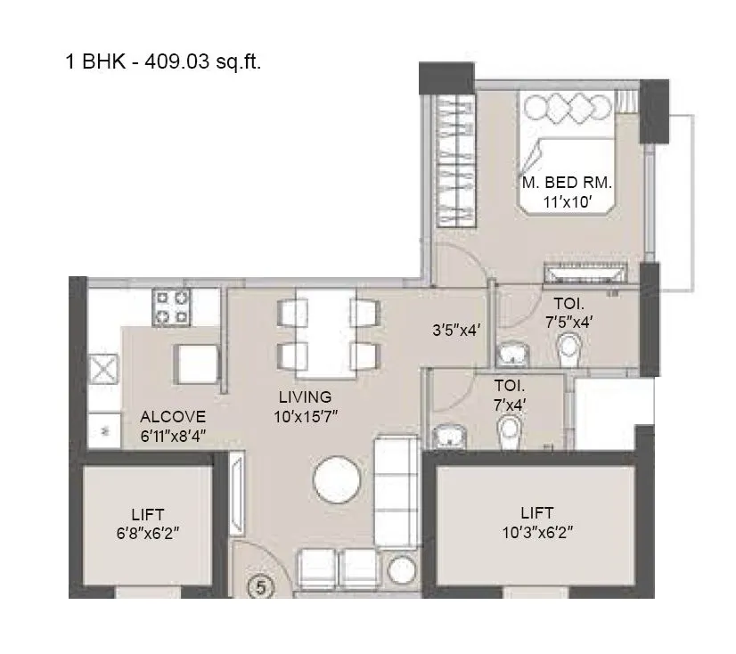 Integrated Ramicon Golden Pass Unit plan - 409 sq.ft.