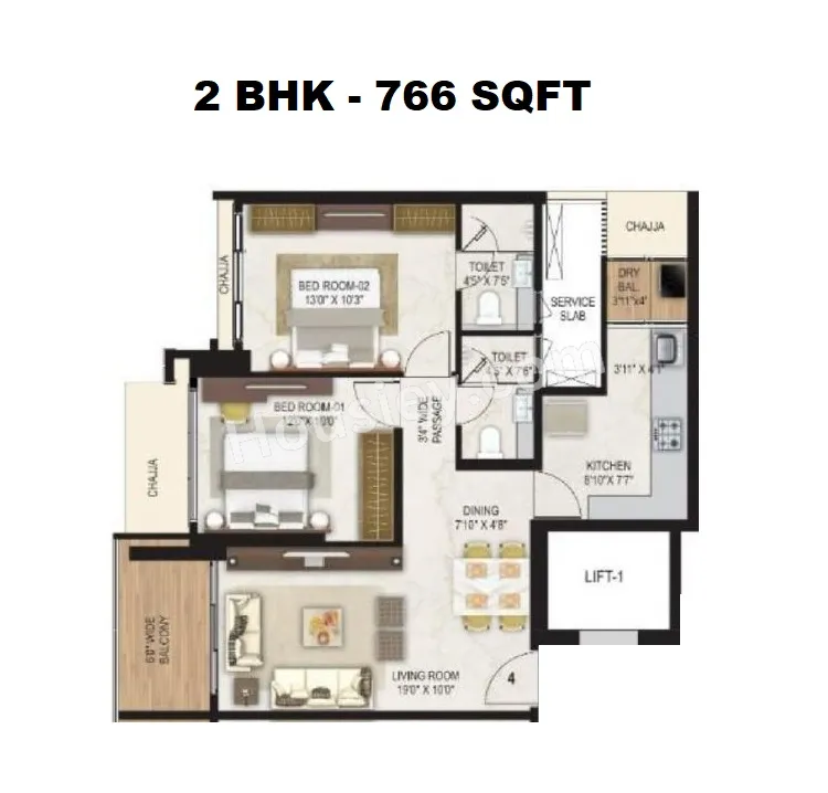 Ashray Jaswanti Jewel Unit plan - 766 sq.ft.