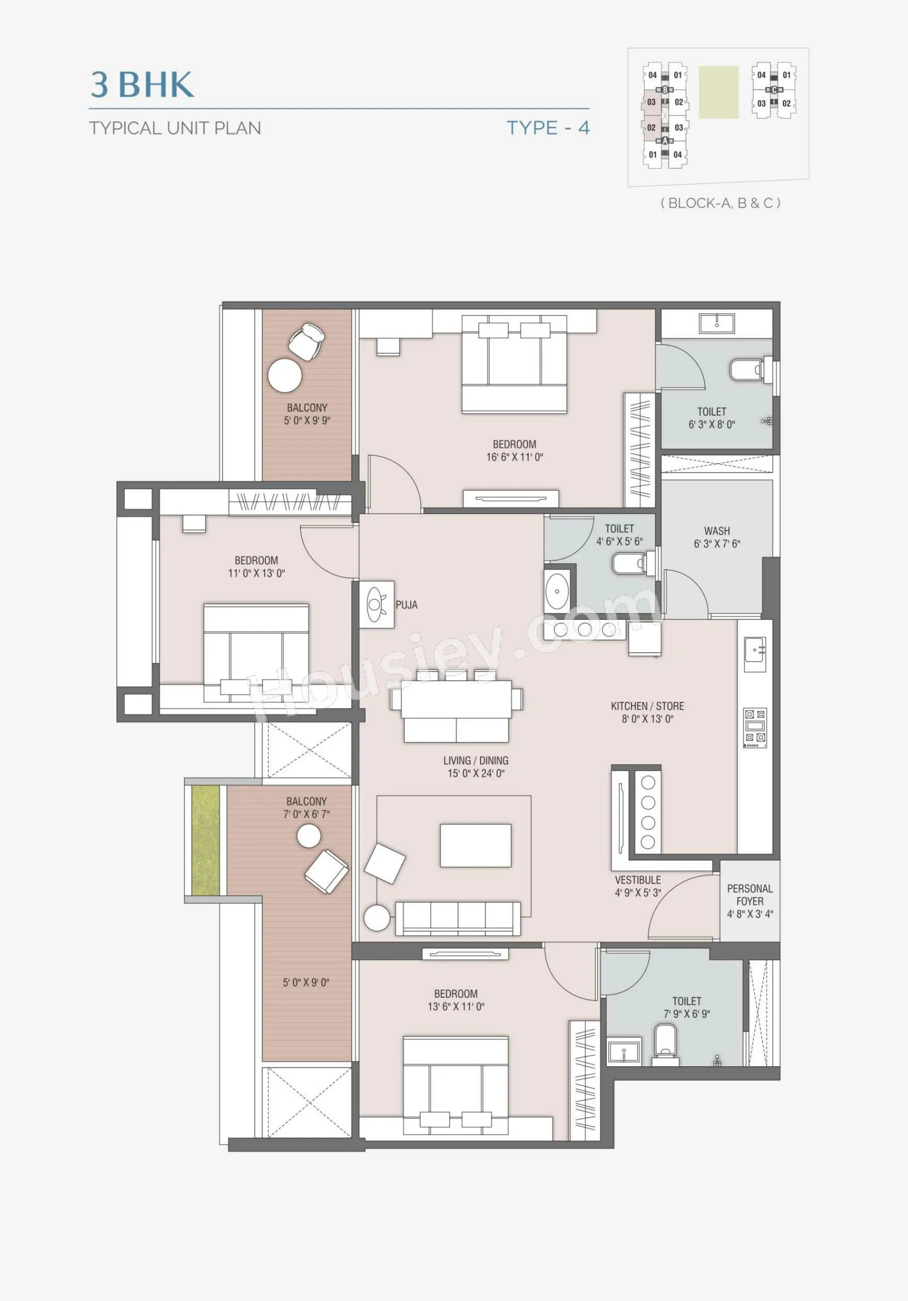 Kaavyaratna The Balcony Unit plan - 1398 sq.ft.
