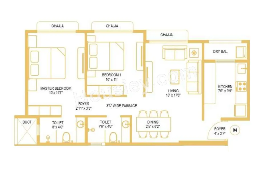 Kabra Tiara Unit plan - 695 sq.ft.