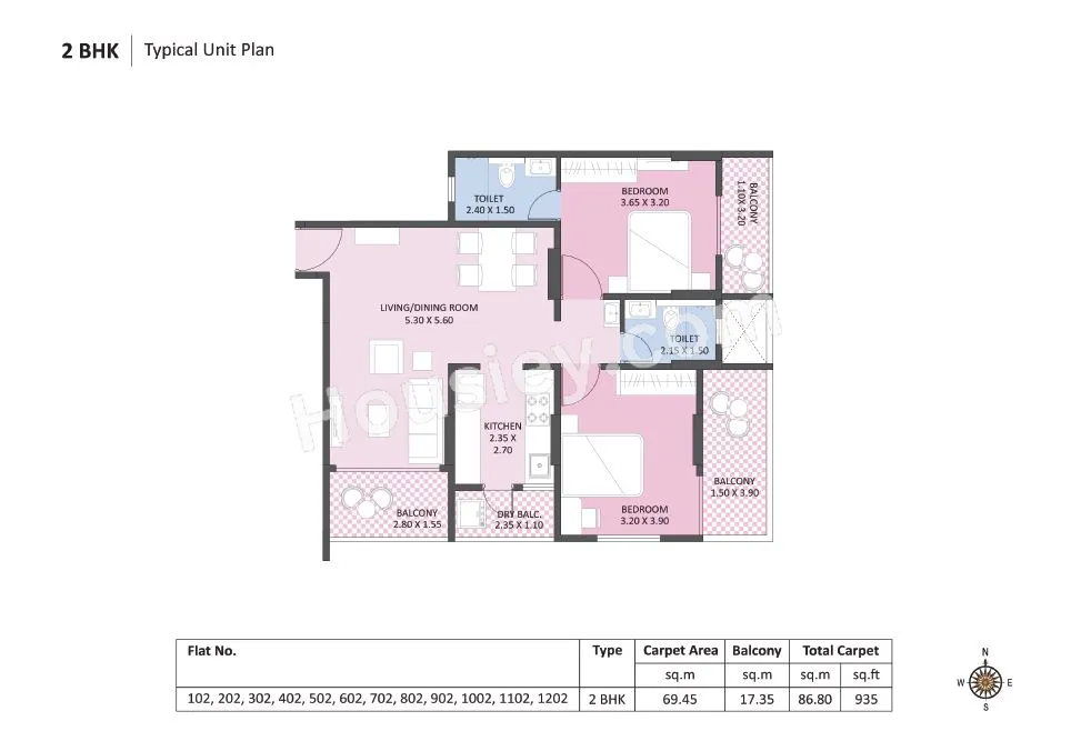 Kakkad Kailash Kutir Unit plan - 935 sq.ft.