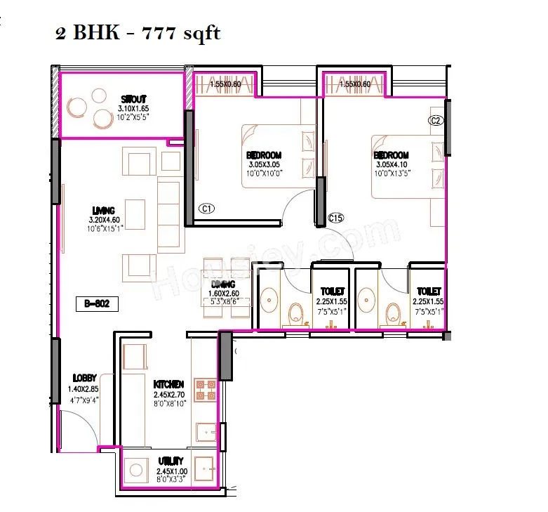 Kalcon Zenone Unit plan - 777 sq.ft.