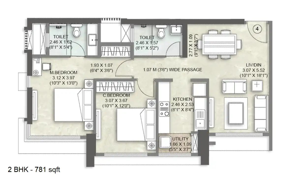 Kalpataru Vienta Unit plan - 781 sq.ft.